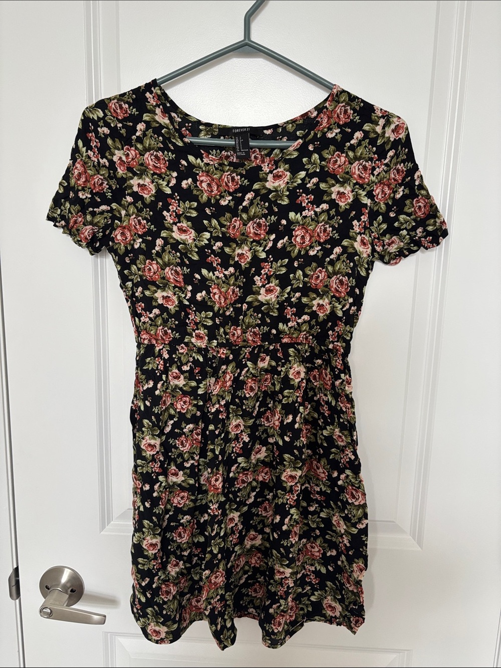 Floral Short-Sleeve Fit & Flare Dress - Black with Pink Rose Print